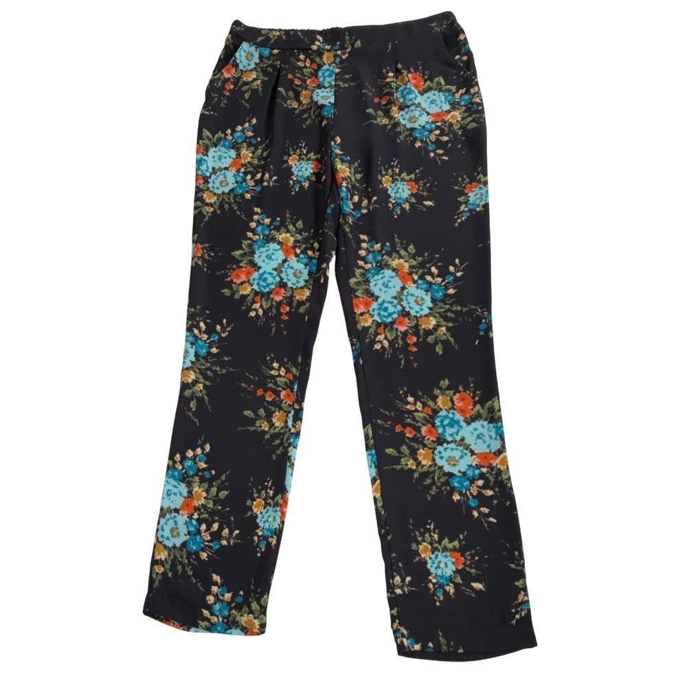 Wet Seal Floral Sheer Pants Size Large Black Blue Multicolor Straight Leg Pocket